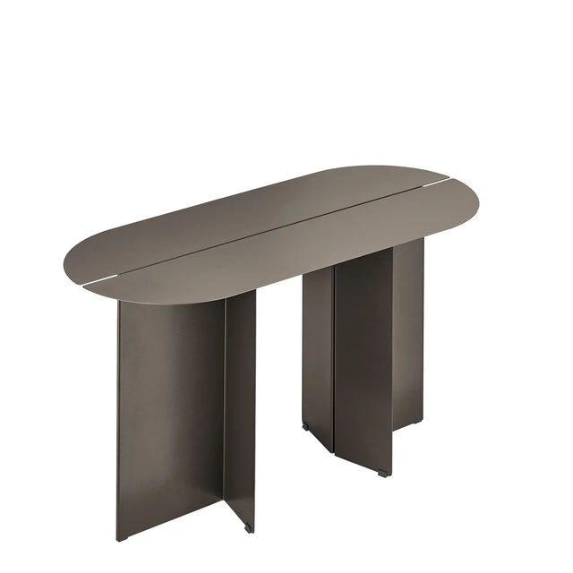 blomus ORU Sitzbank in Burned Metal Seitenansicht, skulpturale Design Sitzbank aus pulverbeschichtetem Stahl