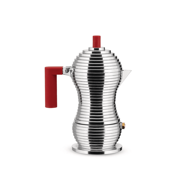 Alessi Pulcina Espressokocher in Chrom/Rot für 3 Tassen, Espressokanne von Michele De Lucchi