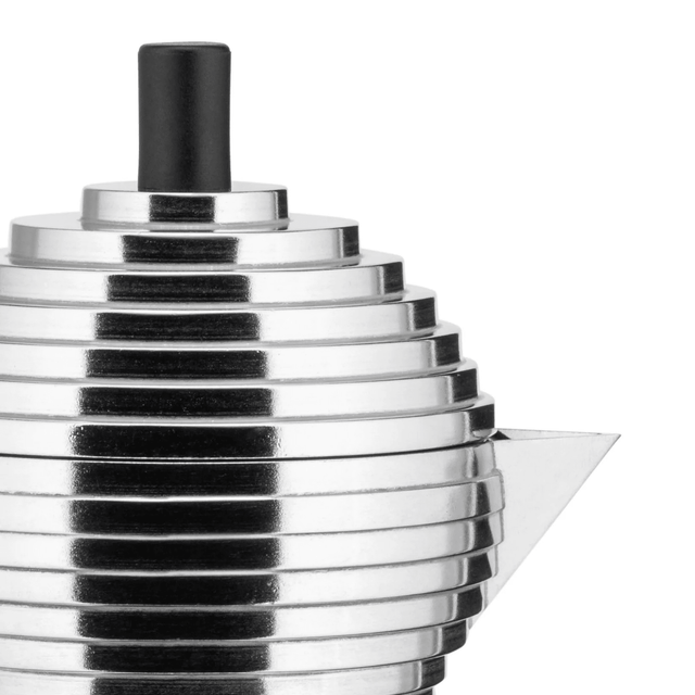 Alessi Pulcina Espressokocher Chrom/Schwarz, Detail Ausguss in V-Form