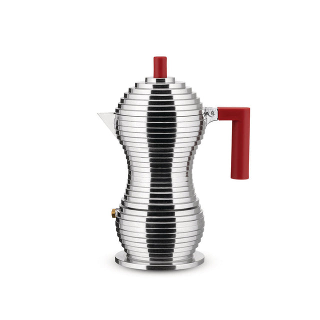 Alessi Pulcina Espressokocher in Chrom/Rot für Induktion für 3 und 6 Tassen, Espressokanne von Michele De Lucchi