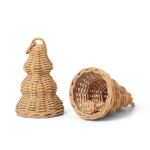 ferm LIVING Braided Bell Baubles 2er-Set – Christbaumschmuck Rattan Glocke und Baum