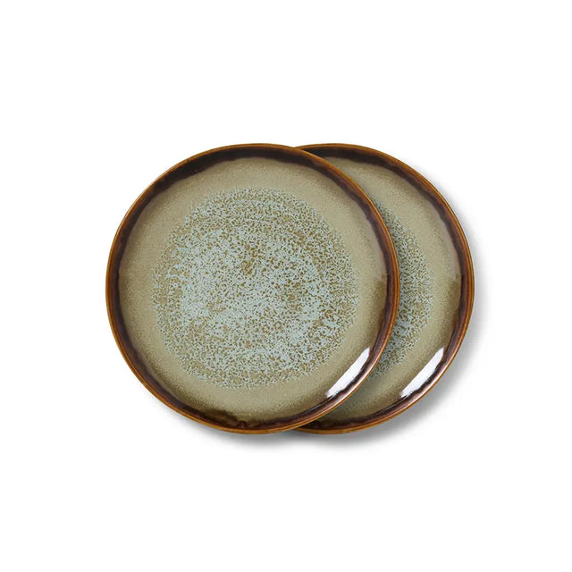 HKliving 70s Ceramics Dessertteller Contrast im 2er Set – Keramikteller in Oliv mit braunem Rand