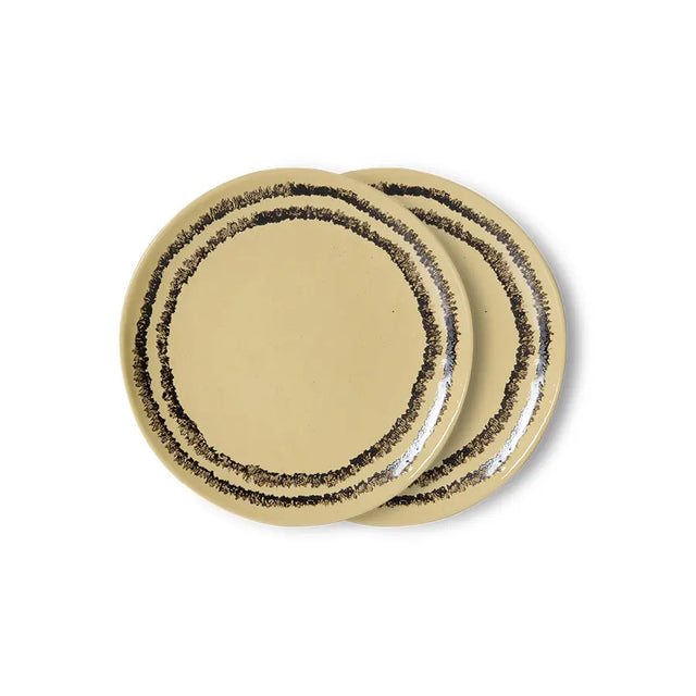 HKliving 70s Ceramics Dessertteller Vanilla im 2er Set – Keramikteller in Vanille mit braunem Ring