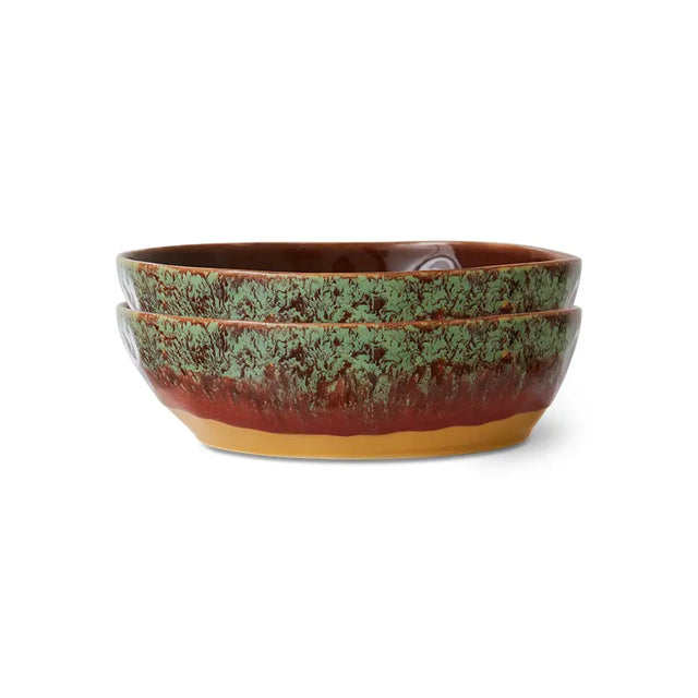 HKliving 70s Ceramics Pastateller tief Cove im 2er Set – Keramik in Rostrot und Moosgrün
