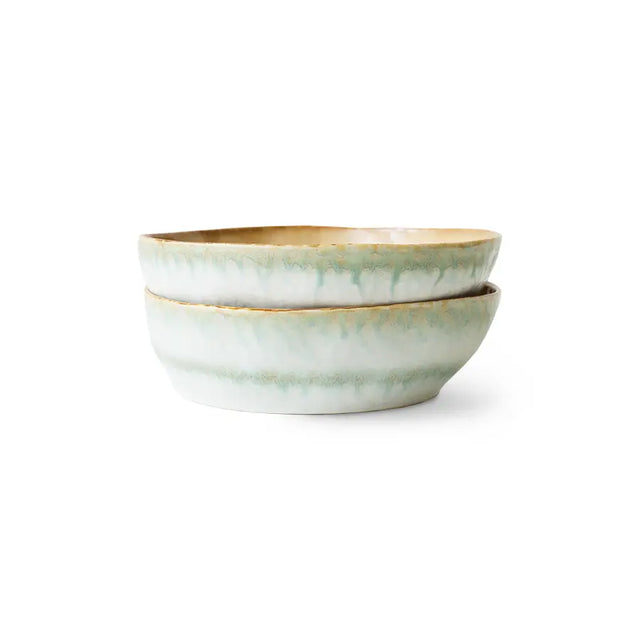 HKliving 70s Ceramics Pastateller tief Petal im 2er Set – helle Keramik mit grünem Rand