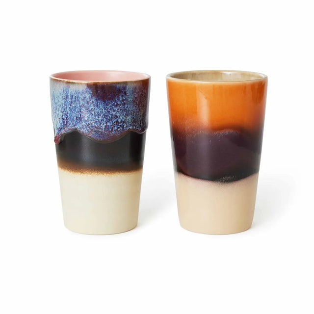 HKliving Teebecher 70s Ceramics Dusk 2er-Set – zwei große Teetassen ohne Henkel, blau und orange glasiert