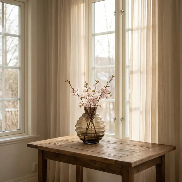 ISAA Vase Arothron, bauchige Glasvase braun auf Holztisch im Lifestyle-Setting