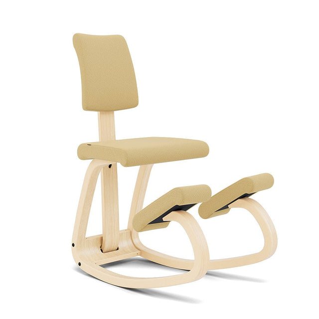 Varier Kniestuhl Variable Plus mit Rückenlehne, Holzfarbe Esche natur, Bezug Hellgelb (Tonal 62156) – ergonomischer Kniestuhl von Peter Opsvik