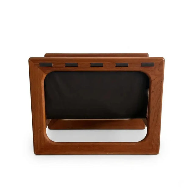 Vintage Zeitungsständer Teak und Leder mit zwei Fächern, Seitenansicht