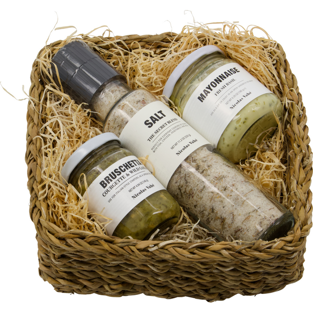 Geschenkkorb mit Salz, Mayonnaise und Bruschetta - Nicolas Vahé