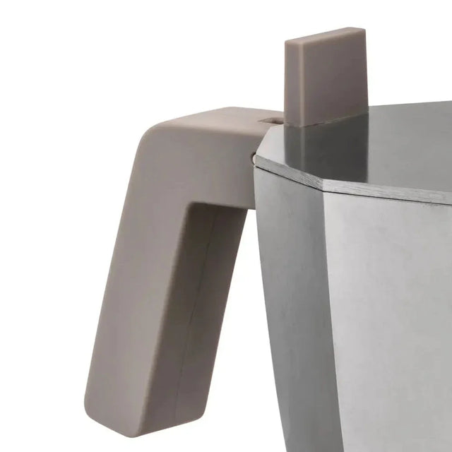 Alessi Moka Espressokocher Grau, Detail Griff und Deckelknopf