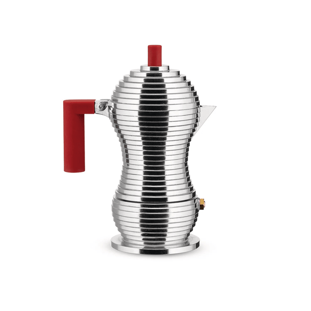 Alessi Pulcina Espressokocher in Chrom/Rot für 6 Tassen, Espressokanne von Michele De Lucchi
