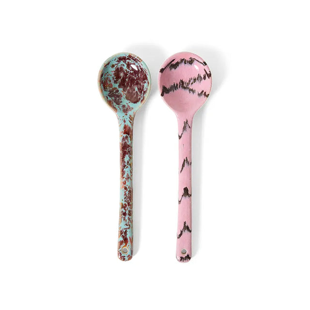 HKliving 70s Ceramics Servierlöffel Sprinkle 2er Set – Stoneware 23,5 cm, türkis und rosa, handbemalt, KST0204
