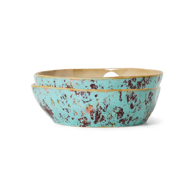 HKliving 70s Ceramics Pastateller tief Petal im 2er Set – helle Keramik mit grünem Rand