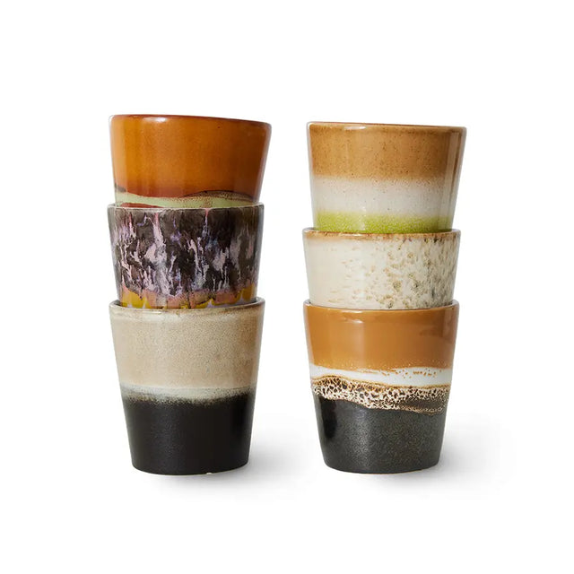 HKliving Kaffeebecher Keramik 6er Set Soil 70s Ceramics – handglasiertes Steinzeug ohne Henkel, erdige Naturtöne
